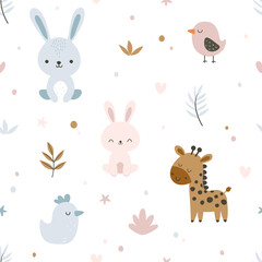 Seamless pattern with cute giraffe, rabbit, and bird on white background. Cartoon animal with leaves. Use for prints, textiles, fabric, wallpaper, stationery, nursery, wrapping paper, etc.