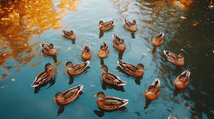 A serene pond scene with ducks swimming amidst autumn leaves.