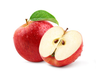 Gala apple with cut in half and water droplets  isolated on white background. Clipping path.