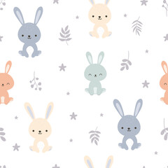Seamless cartoon pattern with cute rabbit and leaves on white background. Use for prints, textiles, fabric, wallpaper, stationery, nursery, wrapping paper, etc.