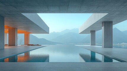 Obraz premium Modern concrete house, infinity pool, mountain view.