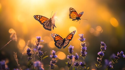 Three monarch butterflies flying over lavender at sunset.