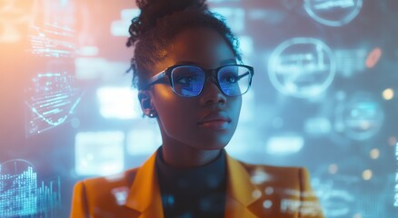 Professional woman in yellow blazer with futuristic glasses, deep in thought amid a backdrop of digital data and holographic graphics, representing innovation and technology