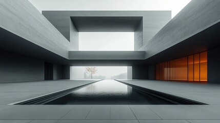 Obraz premium Modern minimalist architecture, reflecting pool, serene landscape.