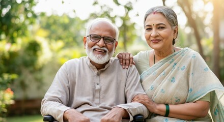 Elderly south asian couple enjoying relaxation in a garden setting