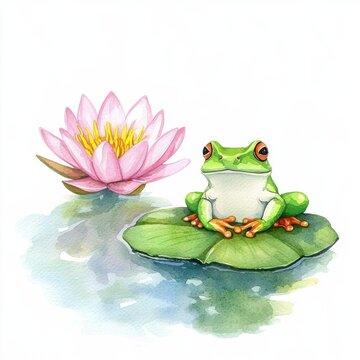 recommend clip art: Watercolor illustration clipart of a bright green frog sitting on a lily pad in a small pond, isolate on white background