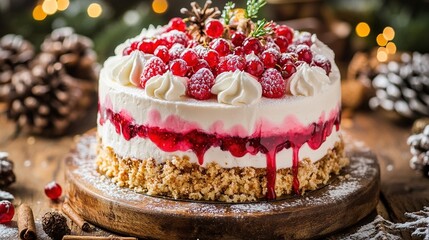 Delicious Christmas cake with red berries and white frosting