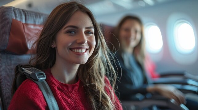 A woman in a red sweater is sitting in an airplane