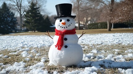 Obraz premium Snowman with a red scarf and top hat, standing on a snowy field 