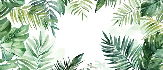 Fototapeta premium Vibrant tropical leaves border a blank space.