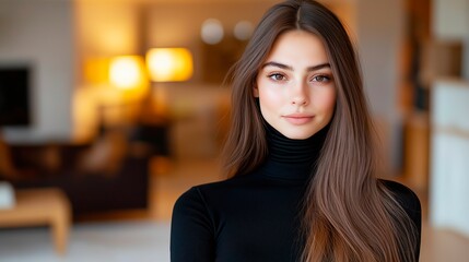 Obraz premium A clean and elegant shot of a brunette woman in a black turtleneck