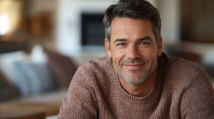 Obraz premium Happy middle-aged man smiling at home.