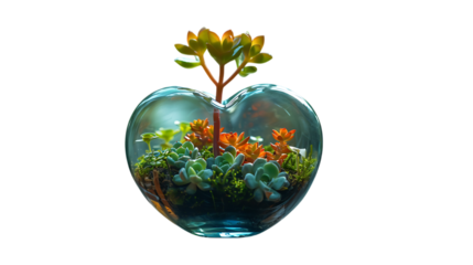 A heart-shaped glass vase filled with colorful flowers and greenery, creating a lively display.