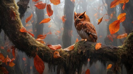 A rufous eastern screech owl perched on a mossy tree branch in a foggy autumn forest- Generative Ai