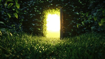 A 3D render of an open door surrounded by lush grass, with glowing light emanating from beyond. A surreal and magical scene perfect for imagination-themed ads.