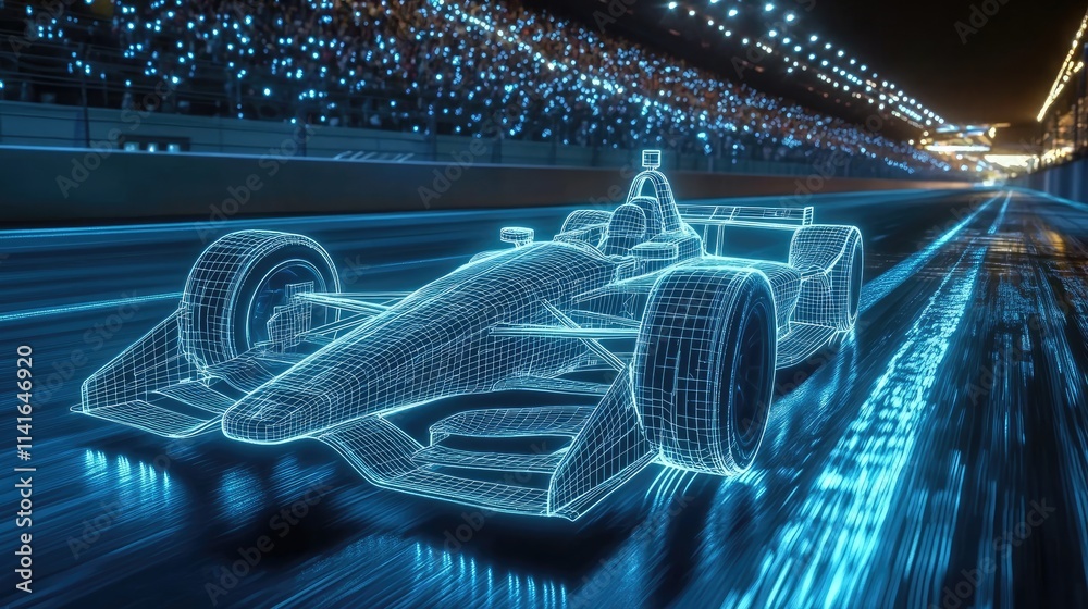 Poster a 3d wireframe hologram of an indy car on a racetrack, illuminated with glowing blue lights, emphasi