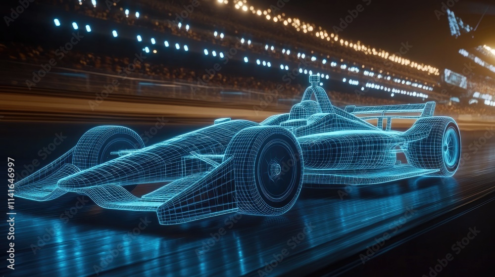 Poster a 3d wireframe hologram of an indy car on a racetrack, illuminated with glowing blue lights, emphasi