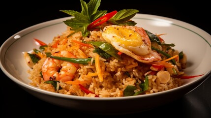 Thai fried rice with egg, prawns, and vegetables, ambient light, space on the left,generative ai illustration