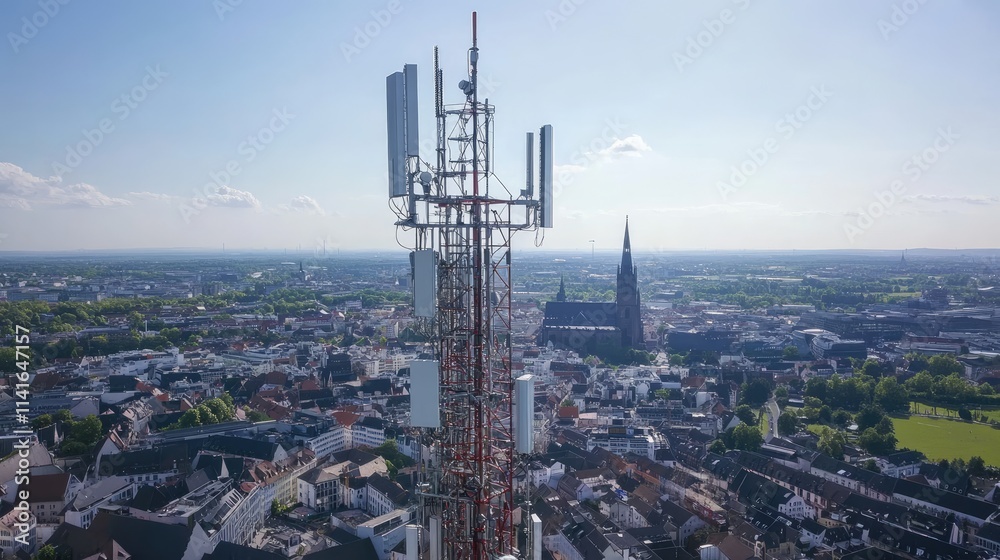 Poster a 5g tower with radio waves radiating across a european city, symbolizing the high-speed wireless co