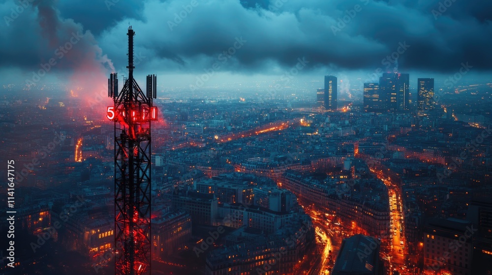 Poster a 5g tower with radio waves radiating across a european city, symbolizing the high-speed wireless co