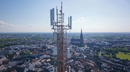 Naklejka premium A 5G tower with radio waves radiating across a European city, symbolizing the high-speed wireless connection provided by the fifth-generation mobile network.