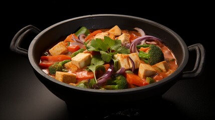 Thai red curry with tofu and vegetables, light background, space on the left, Hard Light accentuating the textures,generative ai illustration