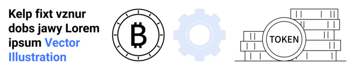 Bitcoin symbol in a coin style, gear icon in light blue, stack of token coins in black and white. Ideal for blockchain, digital currency, cryptocurrency trading, fintech, decentralized finance