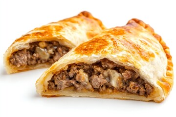 Tasty baked meat empanadas on white background 