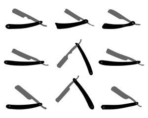 Black isolated silhouettes of razors  on a white background