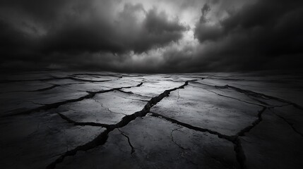 Cracked desert ground landscape with cloudy sky above close to rain, dry land is going to get wet by dark rain clouds