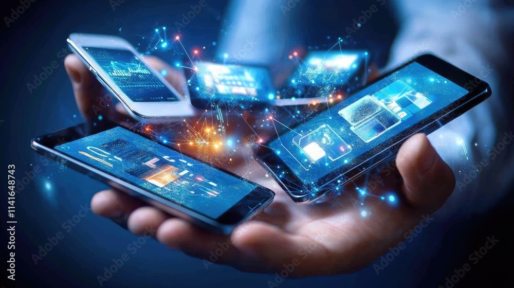 Poster A businessman hand holding multiple connected devices, with glowing lines symbolizing seamless data flow and communication in today digital world.