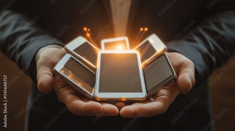 Poster A businessman hand holding multiple connected devices, with glowing lines symbolizing seamless data flow and communication in today digital world.