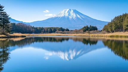 A calm mountain lake reflecting the majestic snow-capped peaks, creating a perfect scene for promoting wellness, adventure, or eco-friendly tourism.