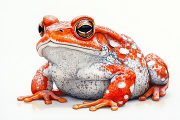 Detailed close-up of a vibrant orange and white frog perched on a smooth surface, showcasing intricate skin patterns and expressive eyes in a studio setting