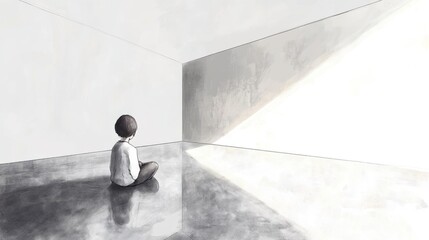 Alone in an Empty Room with Minimalist Art Style