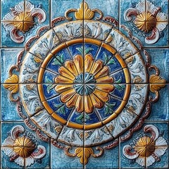 Obraz premium Vibrant ceramic tile art featuring intricate floral designs in blue, yellow, and white, perfect for enhancing any decor.