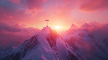 Fototapeta premium A Christian cross on top of a mountain peak at sunrise, representing faith and divine guidance. Ideal for inspirational or religious-themed campaigns.