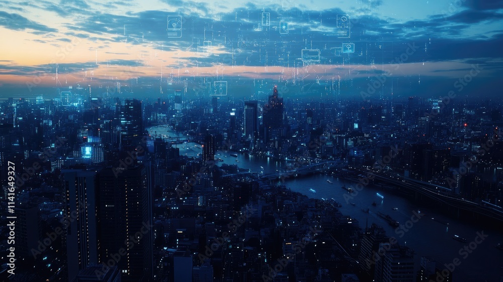 Aufkleber a city skyline from above with digital connectivity icons overlaid, symbolizing modern smart city in