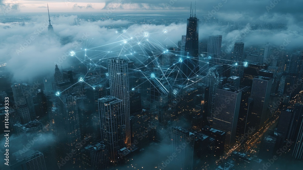 Poster a city skyline from above with digital connectivity icons overlaid, symbolizing modern smart city in