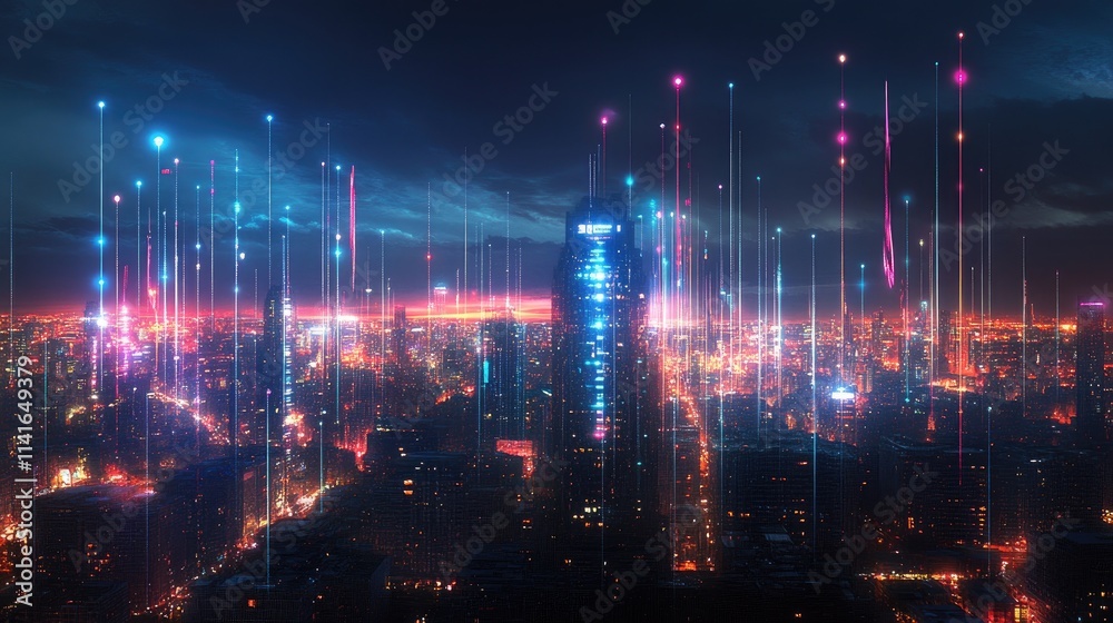 Poster a city skyline illuminated by digital connection lines, symbolizing wireless communication and the g