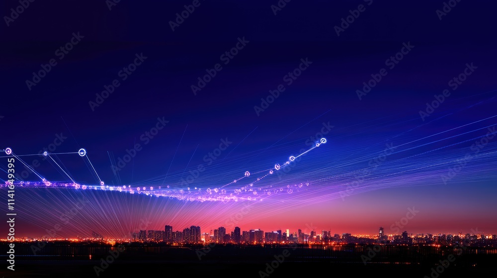 Poster a city skyline illuminated by digital connection lines, symbolizing wireless communication and the g