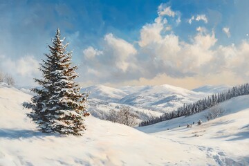 Winter Scene With Snow-covered Hills And Christmas Tree 