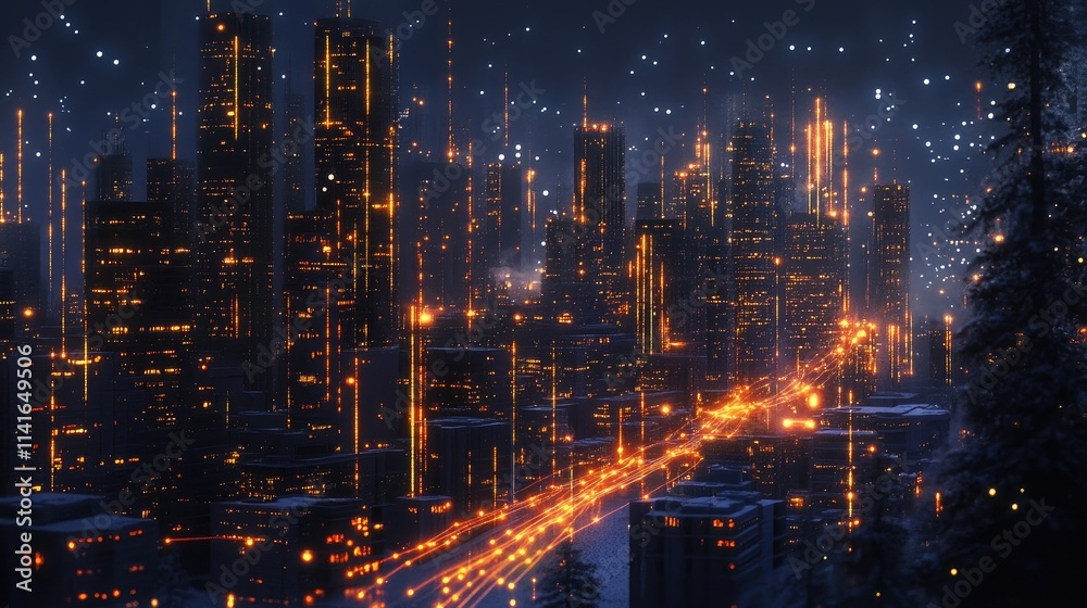 Poster a cityscape at night with glowing lines representing wireless network connections, showcasing smart 