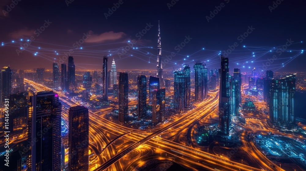 Poster a cityscape at night with glowing lines representing wireless network connections, showcasing smart 
