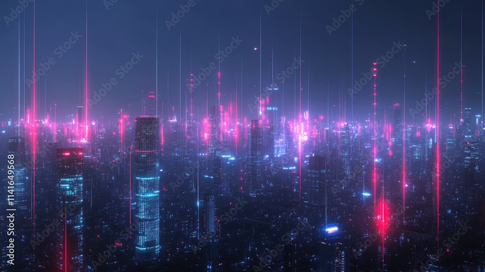Poster a cityscape at night with glowing lines representing wireless network connections, showcasing smart 