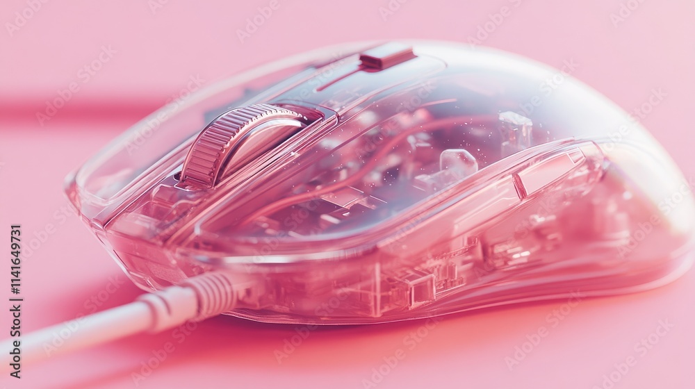 Aufkleber A close-up of a computer mouse's internal mechanism, with delicate wires and parts visible on a soft pink background, emphasizing technology.