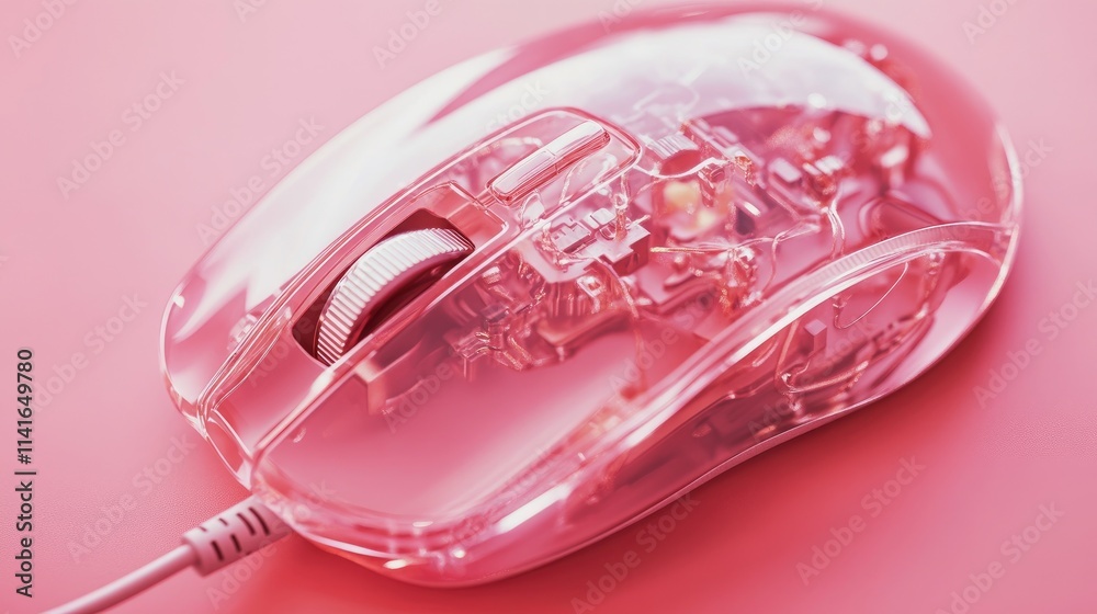 Aufkleber A close-up of a computer mouse's internal mechanism, with delicate wires and parts visible on a soft pink background, emphasizing technology.