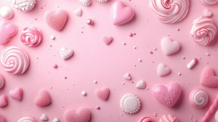 a pink background with lots of different types of candy