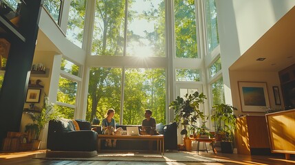 Couple working from home in sunlit modern living room.