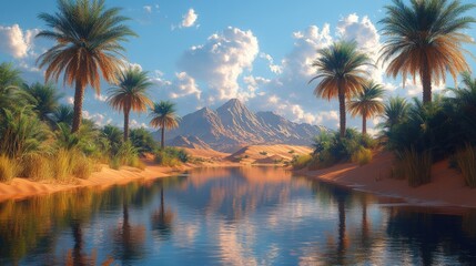 Fototapeta premium Serene oasis: palm trees, water, desert mountains.
